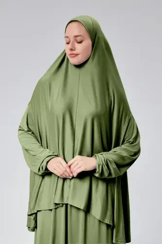 Женское двухпредметное платье для намаза, хиджаб, органический хлопок, эластичные нескользящие рукава, юбка, трикотаж, исламская одежда - фисташковый - SONBAHARMODA (1)