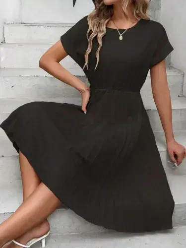 Женское короткое платье с короткими рукавами, открытым вырезом, эластичной талией, плиссированное короткое импортное креповое платье - 6