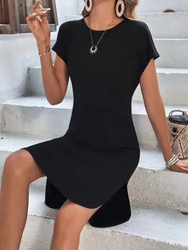 Женское короткое платье с круглым вырезом из вискозы, двухниточное - BÜYÜKBEDENIZ (1)