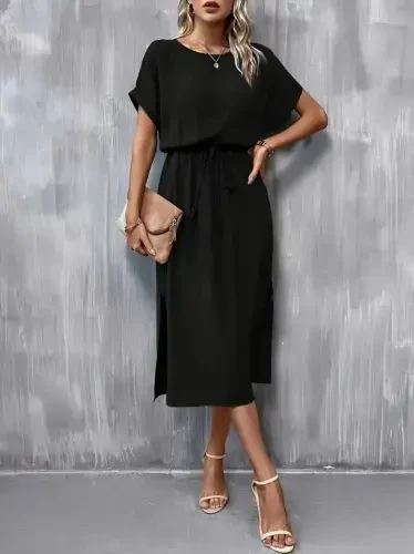 Женское короткое платье с открытым вырезом, завязками на талии и разрезом из вискозы. - BÜYÜKBEDENIZ (1)