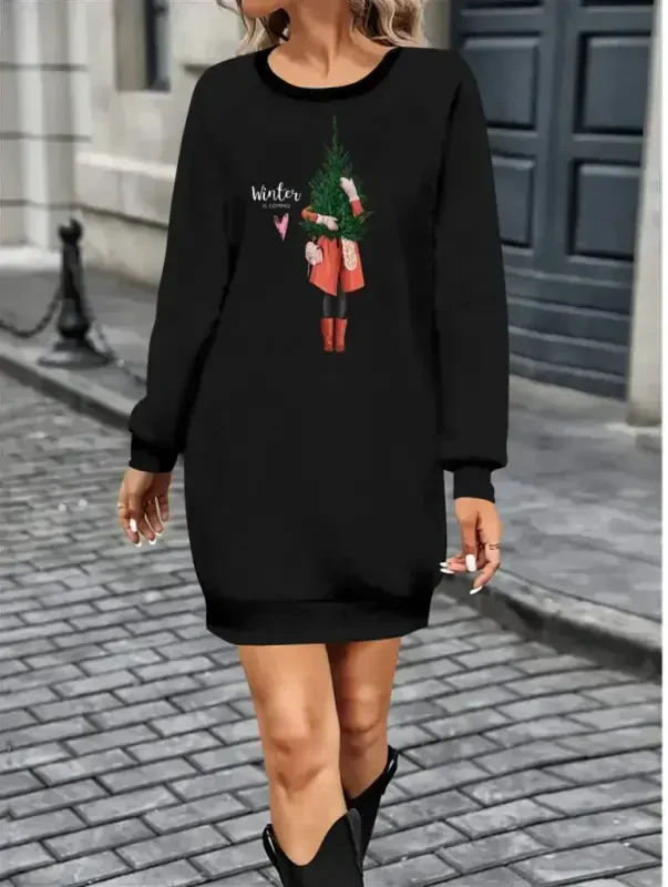 Женское короткое вискозное платье из двухниточной ткани с длинными рукавами, узором и круглым вырезом. - 1