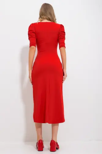 Женское красное платье-коктейль с запахом, драпировкой и рукавами принцессы Alc-X11687 - 5