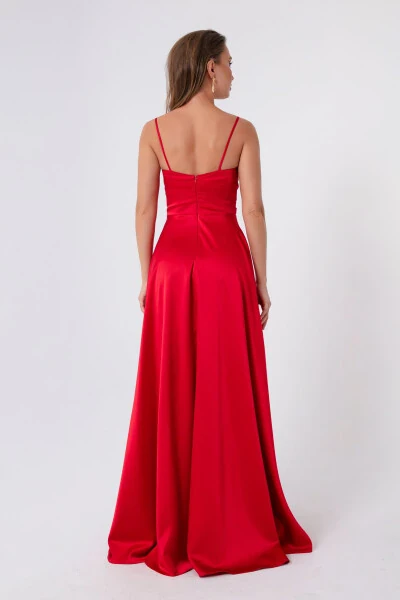 Женское Красное Платье на Бретелях с Поясом на Талии Атласное Длинное Вечернее - 5