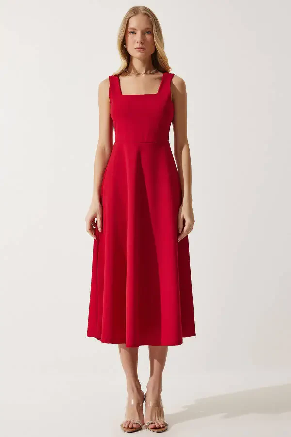 Женское красное платье с квадратным вырезом и А-силуэтом DK00169 - 1