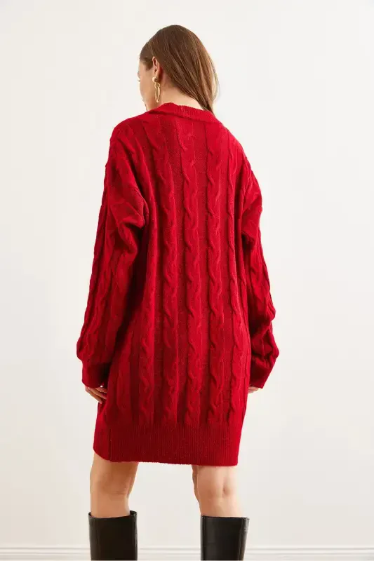 Женское Красное Вязаное Платье-Туника с Косами ELB-19 - 11