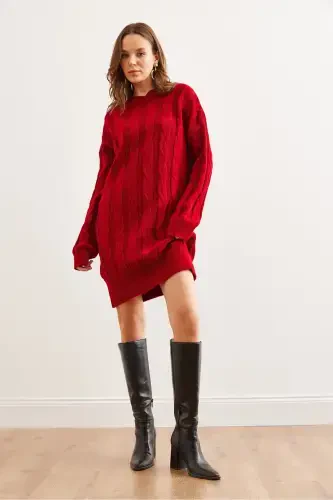 Женское Красное Вязаное Платье-Туника с Косами ELB-19 - 3