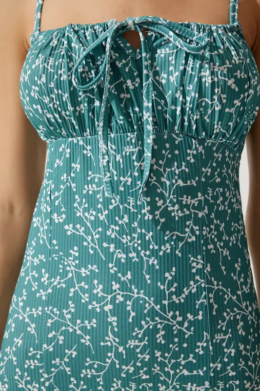 Женское летнее вязаное платье с разрезом, цвета нефтяной зелени и белыми цветами CI00029-Нефтяной зеленый/белый - 3