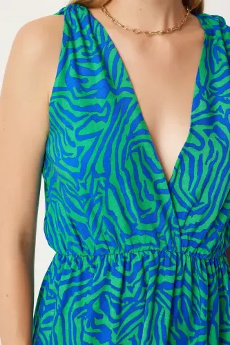 Женское летнее вискозное платье с V-образным вырезом, с зеленым и синим узором CI00110-Зеленый Синий - HAPPINESS İSTANBUL (1)