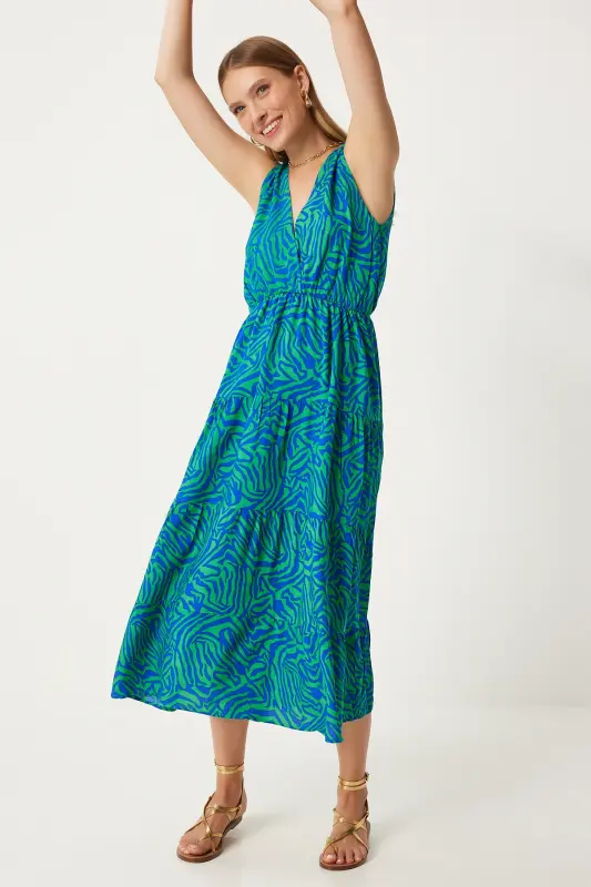 Женское летнее вискозное платье с V-образным вырезом, с зеленым и синим узором CI00110-Зеленый Синий - 5