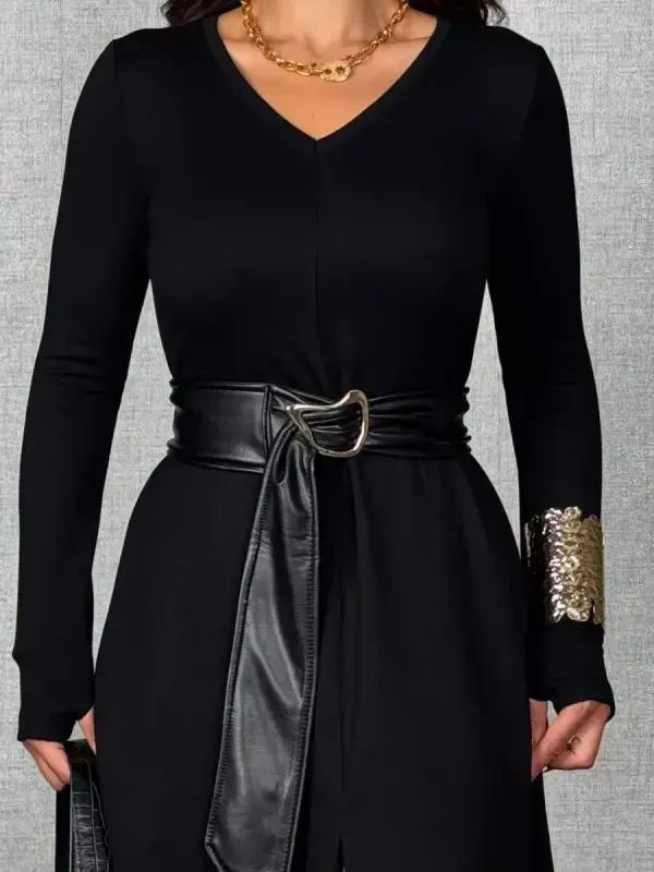 Женское миди-платье из двух нитей вискозы с длинными рукавами, воротником, кожаными деталями на талии, поясом и разрезом. - 3