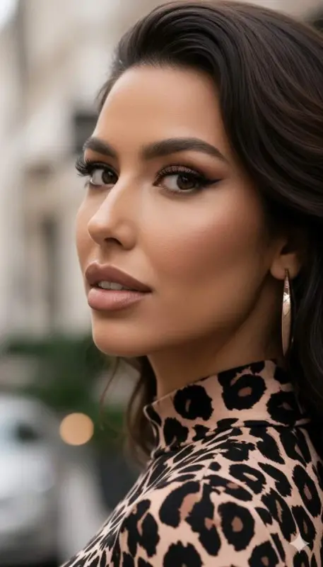 Женское миди-платье с леопардовым принтом, длинными рукавами и воротником-стойкой - 7