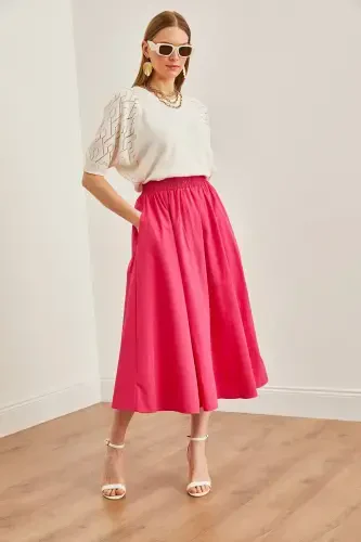 Женское миди тканое платье-клеш цвета фуксии с карманами и эластичной талией - OLALOOK (1)