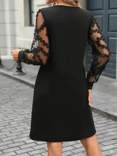 Женское мини-платье из импортного крепа с длинными рукавами, V-образным вырезом и тюлем - BÜYÜKBEDENIZ (1)