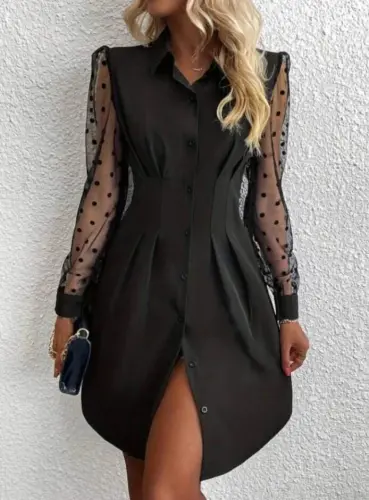 Женское мини-платье из импортной крепи с длинными рукавами, воротником и пуговицами - 1