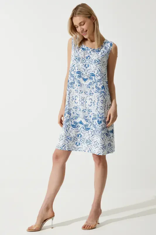 Женское мини-платье из льна и вискозы с сине-белым узором BH00343-Сине-белый - 2