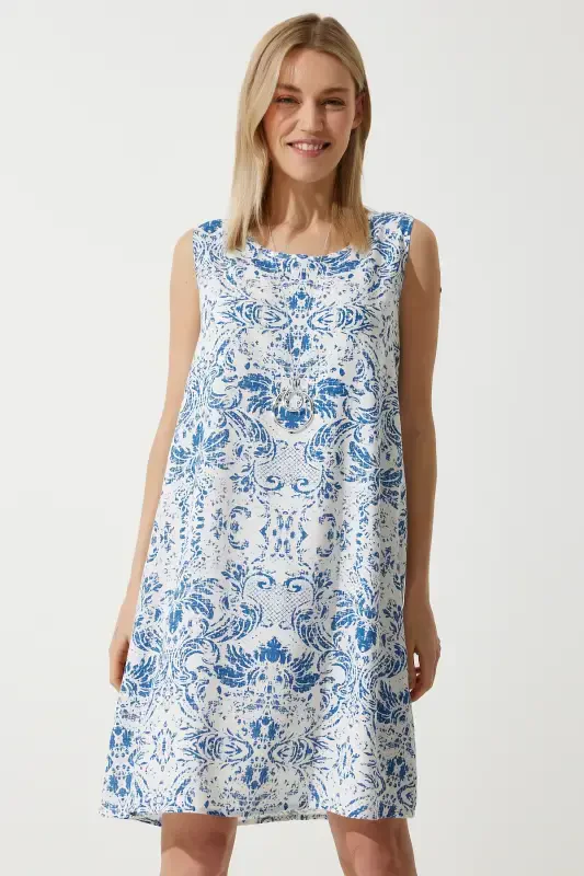 Женское мини-платье из льна и вискозы с сине-белым узором BH00343-Сине-белый - 3