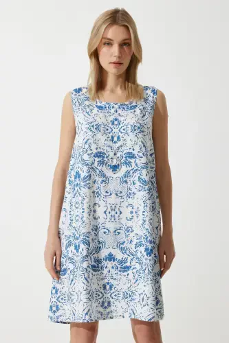 Женское мини-платье из льна и вискозы с сине-белым узором BH00343-Сине-белый - 4