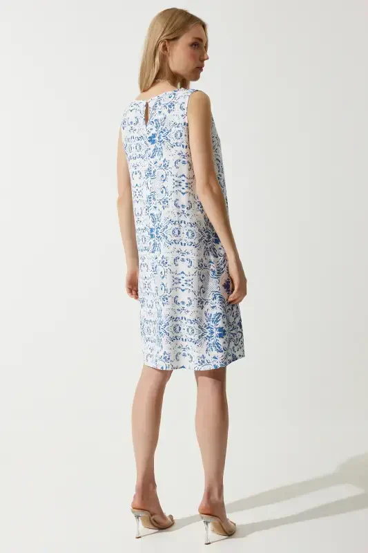 Женское мини-платье из льна и вискозы с сине-белым узором BH00343-Сине-белый - 6