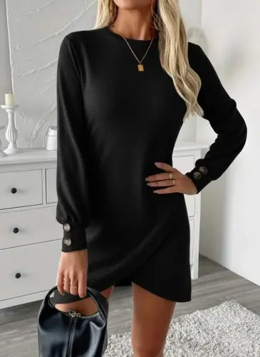 Женское мини-платье из мягкого материала с длинными рукавами, высоким воротником, асимметричным вырезом спереди. - 1