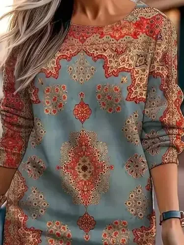 Женское мини-платье из модала с длинными рукавами, круглым вырезом и узором - BÜYÜKBEDENIZ (1)