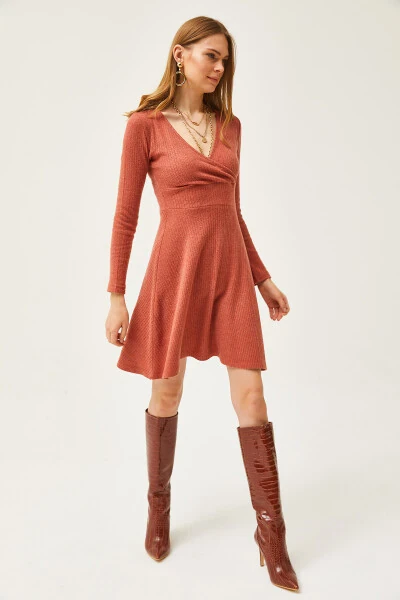 Женское мини-платье с V-образным вырезом и оборками цвета терракоты ELB-19002043 - 3