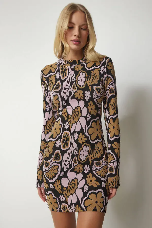 Женское мини-трикотажное платье с V-образным вырезом, черный с розовым принтом, UB00173 - 2