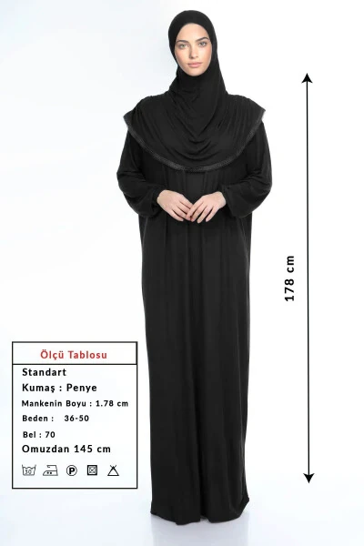 Женское молитвенное платье с платком из хлопка, кружевом и трикотажной тканью черного цвета - 3