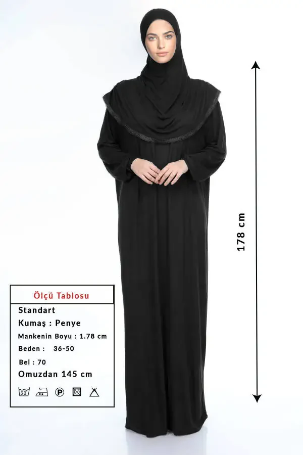 Женское молитвенное платье с платком из хлопка, кружевом и трикотажной тканью черного цвета - 3