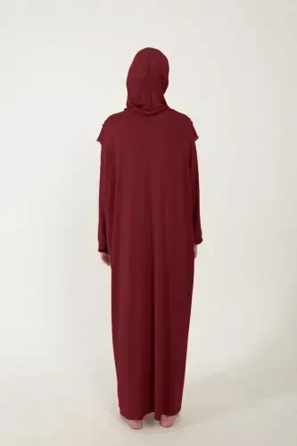 Женское мусульманское хлопковое платье для намаза с кружевной шалью, цельное трикотажное платье - бордовое - 3