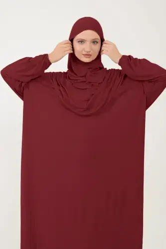 Женское мусульманское хлопковое платье для намаза с кружевной шалью, цельное трикотажное платье - бордовое - 4