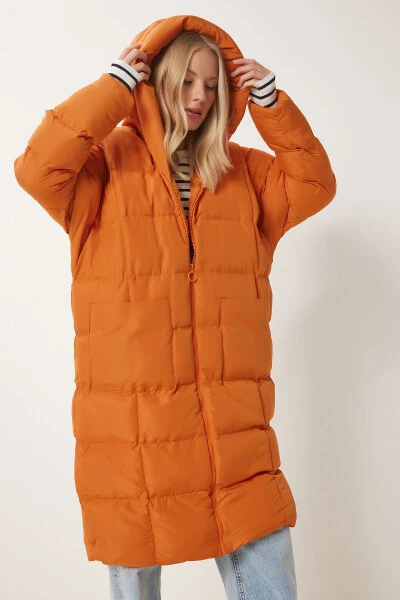 Женское оранжевое худи оверсайз длинное дутое пальто NT00428 - 5