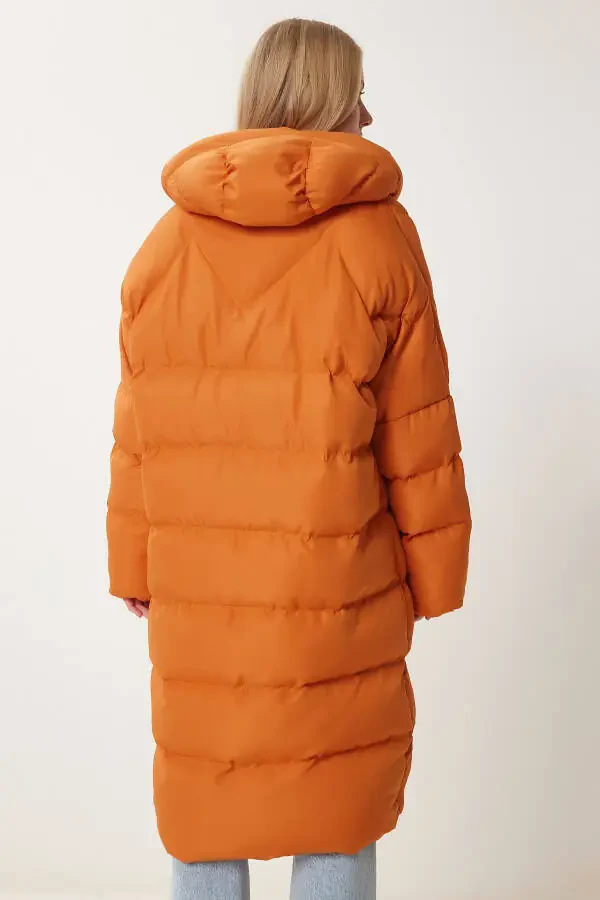 Женское оранжевое худи оверсайз длинное дутое пальто NT00428 - 7
