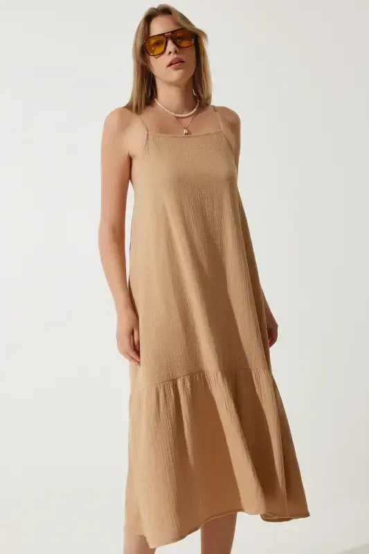 Женское Печенье На Бретелях Летнее Свободное Муслиновое Платье BP00163-Печенье - 3