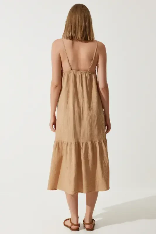 Женское Печенье На Бретелях Летнее Свободное Муслиновое Платье BP00163-Печенье - 4