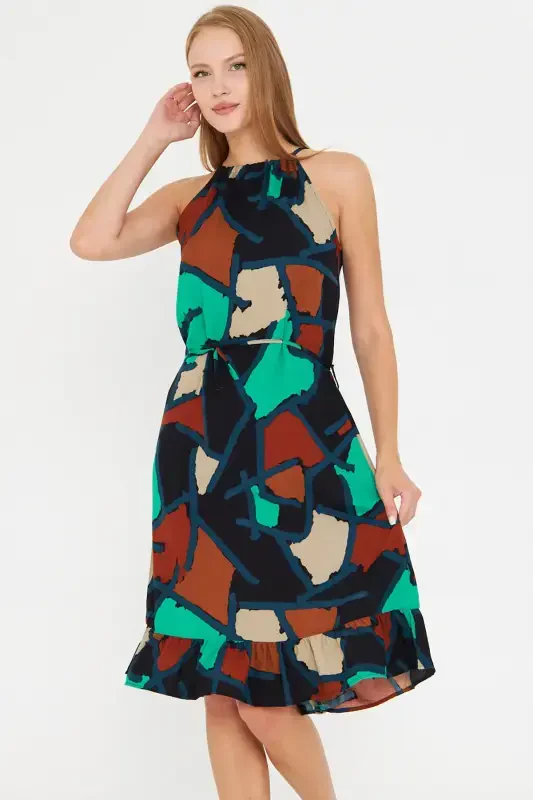 Женское платье бирюзового цвета с завязками на шее, поясом на талии и оборками на юбке ARM-23Y001112-Turkuaz - Modazone