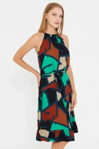 Женское платье бирюзового цвета с завязками на шее, поясом на талии и оборками на юбке ARM-23Y001112-Turkuaz - Modazone (1)