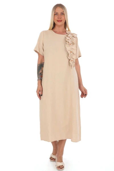 Женское платье большого размера с круглым вырезом из 100% льна Бежевый - Modazone