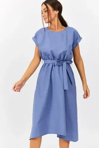 Женское платье цвета морской волны с эластичной талией и завязками Arm-18Y001120-BUZMAVİ - Modazone (1)