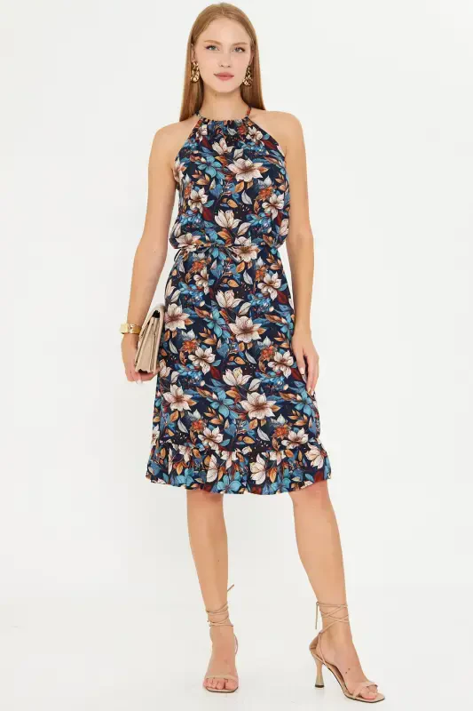 Женское платье цвета морской волны в цветочек с завязками на шее, поясом на талии и оборками на юбке ARM-23Y001112-Морская волна в цветочек - Modazone