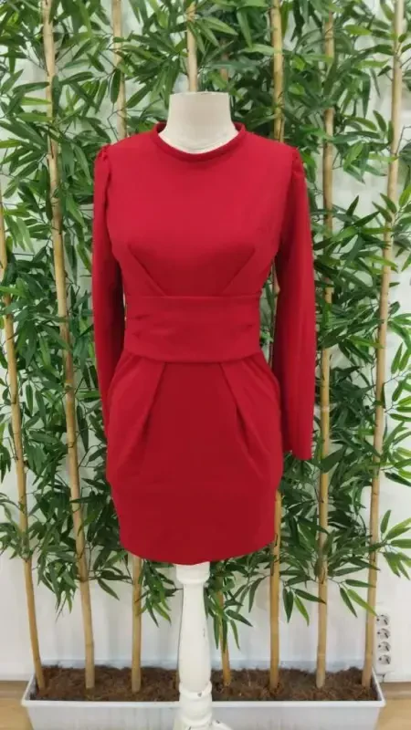 Женское платье из импортного крепа с длинными рукавами, велосипедным воротником и поясом на талии - 7