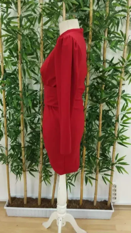 Женское платье из импортного крепа с длинными рукавами, велосипедным воротником и поясом на талии - 8