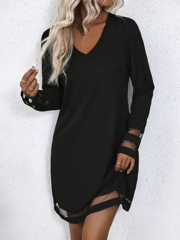 Женское платье из импортной крепи с длинными рукавами, V-образным вырезом, полосками и тюлевой деталью. - 1