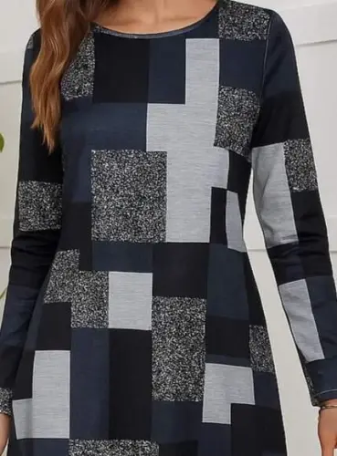 Женское платье из кулирки с геометрическим рисунком, длинными рукавами и круглым вырезом - 2