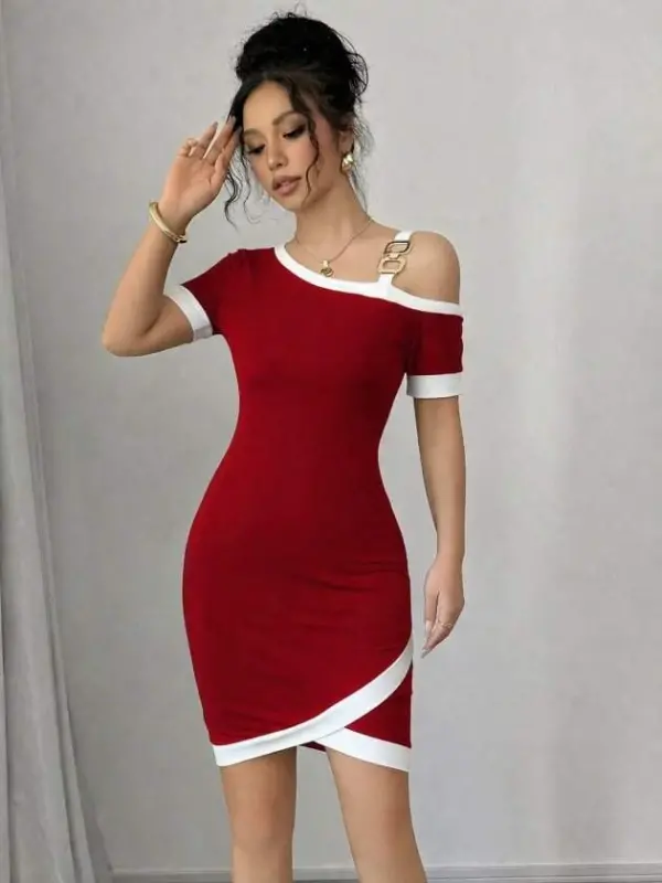 Женское платье из модала с короткими рукавами, асимметричным вырезом, отделкой лентой и аксессуарами - 2