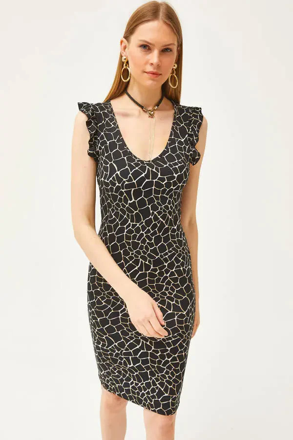 Женское платье из вискозы с черными камнями, V-образным вырезом, оборками на плечах и кристаллами ELB-19002060 - 1