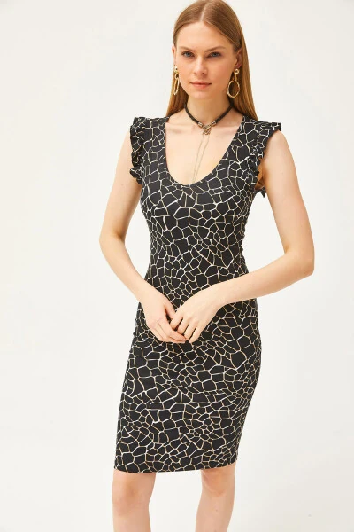 Женское платье из вискозы с черными камнями, V-образным вырезом, оборками на плечах и кристаллами ELB-19002060 - 3