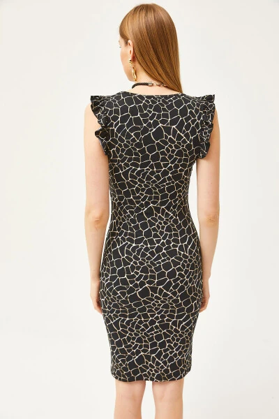 Женское платье из вискозы с черными камнями, V-образным вырезом, оборками на плечах и кристаллами ELB-19002060 - 5