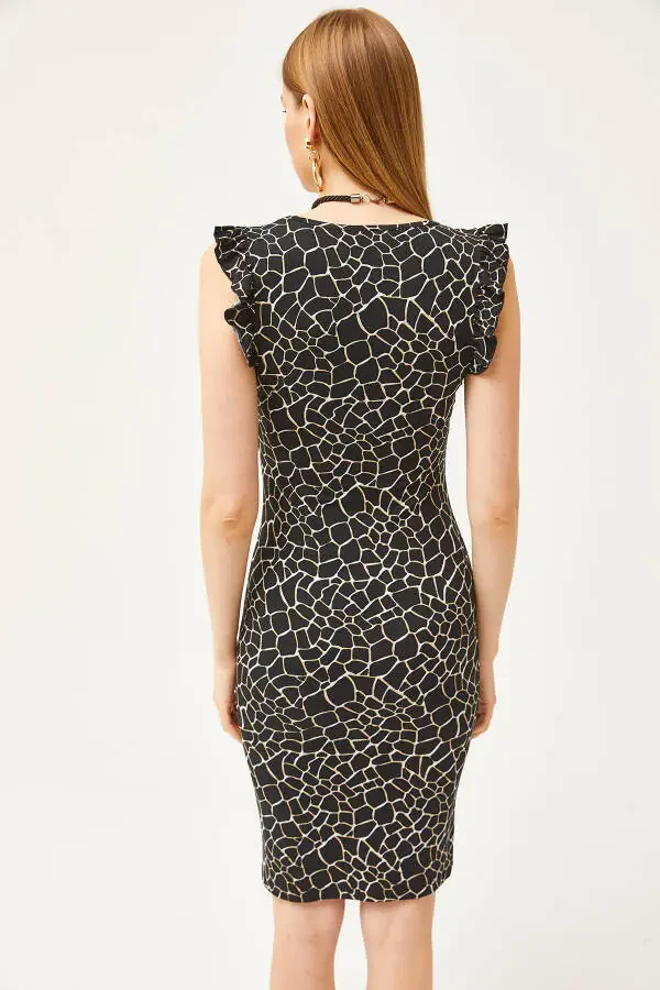 Женское платье из вискозы с черными камнями, V-образным вырезом, оборками на плечах и кристаллами ELB-19002060 - 5