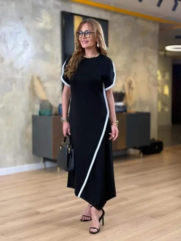 Женское платье из вискозы с короткими рукавами, круглым вырезом, двойной полосой, цветной деталью и асимметричным кроем из двух нитей. - 2