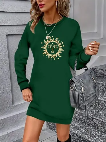Женское платье из вискозы в два слоя с длинными рукавами, круглым вырезом и принтом солнца. - 1